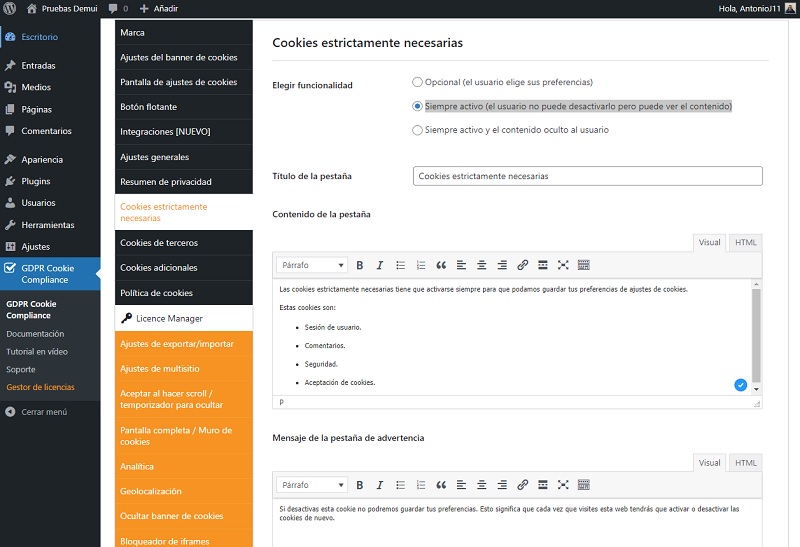 Configuración de cookies estrictamente necesarias