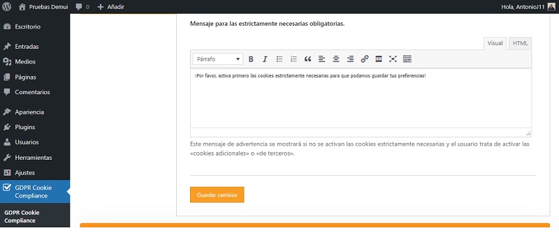 Configuración de cookies estrictamente necesarias 2