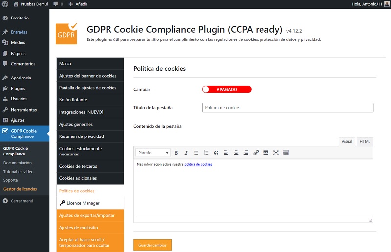 Configuración de políticas de cookies