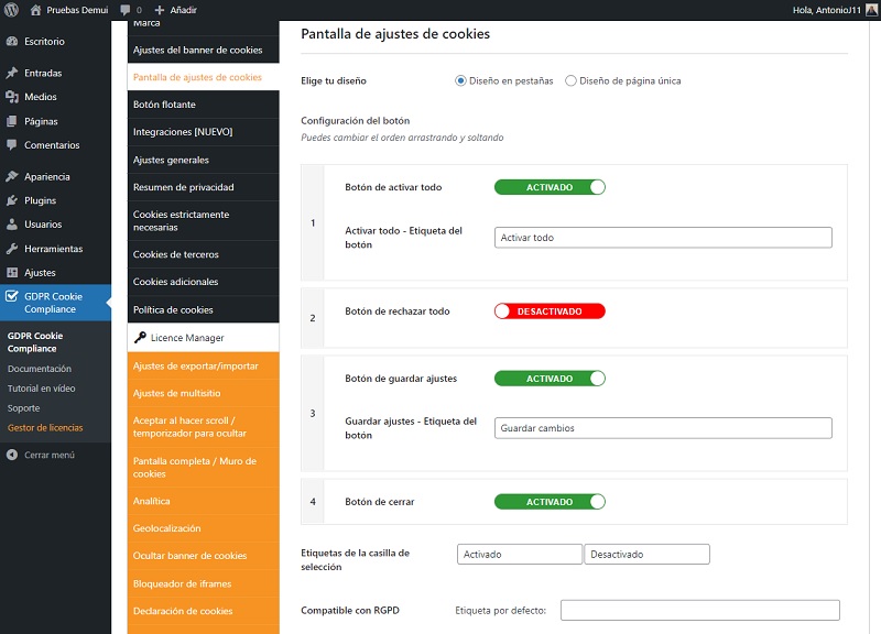 Configuración de pantalla de ajustes de cookies