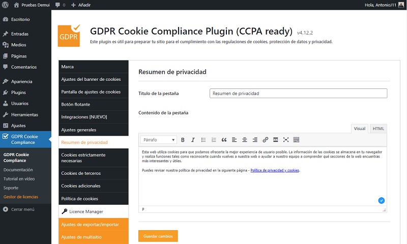 Configuración de resumen de privacidad